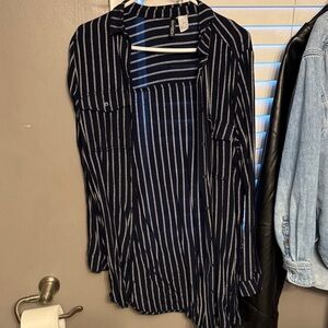 Divided Dark Blue and White Striped Button Down Shirt